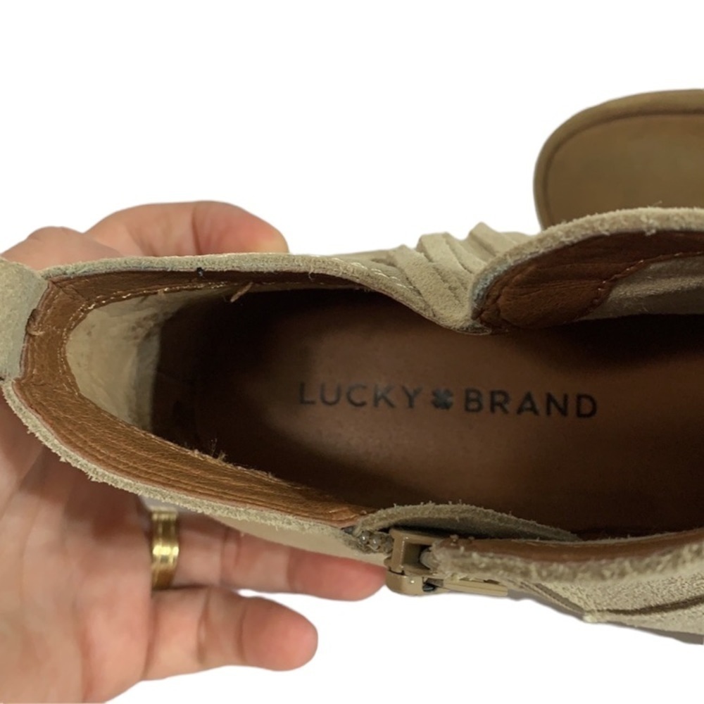 - Lucky Brand Tan Banji Suede Leather Western Fringe Stacked Heel Booties - Picture 9 of 10